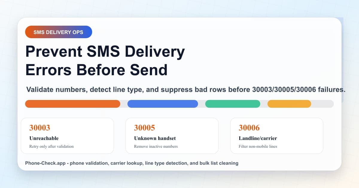 Phone validation workflow preventing SMS delivery errors 30003 30005 and 30006 with carrier lookup and line type detection