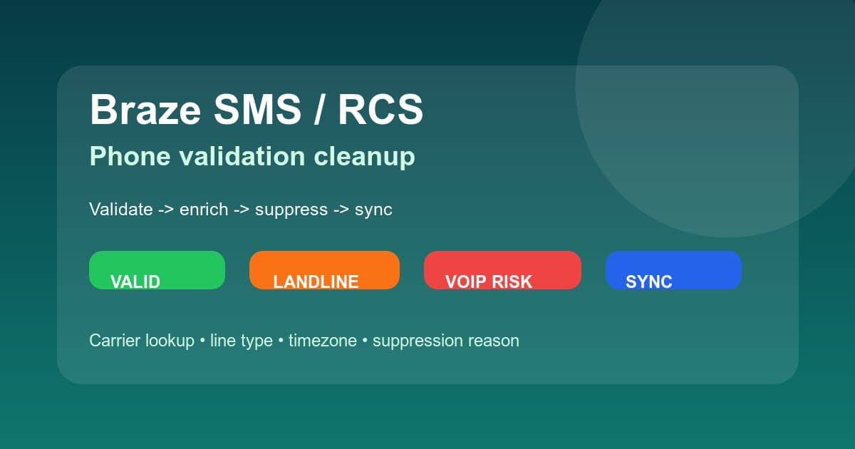 Braze SMS and RCS phone validation cleanup workflow with invalid number detection, carrier lookup, and line type filtering