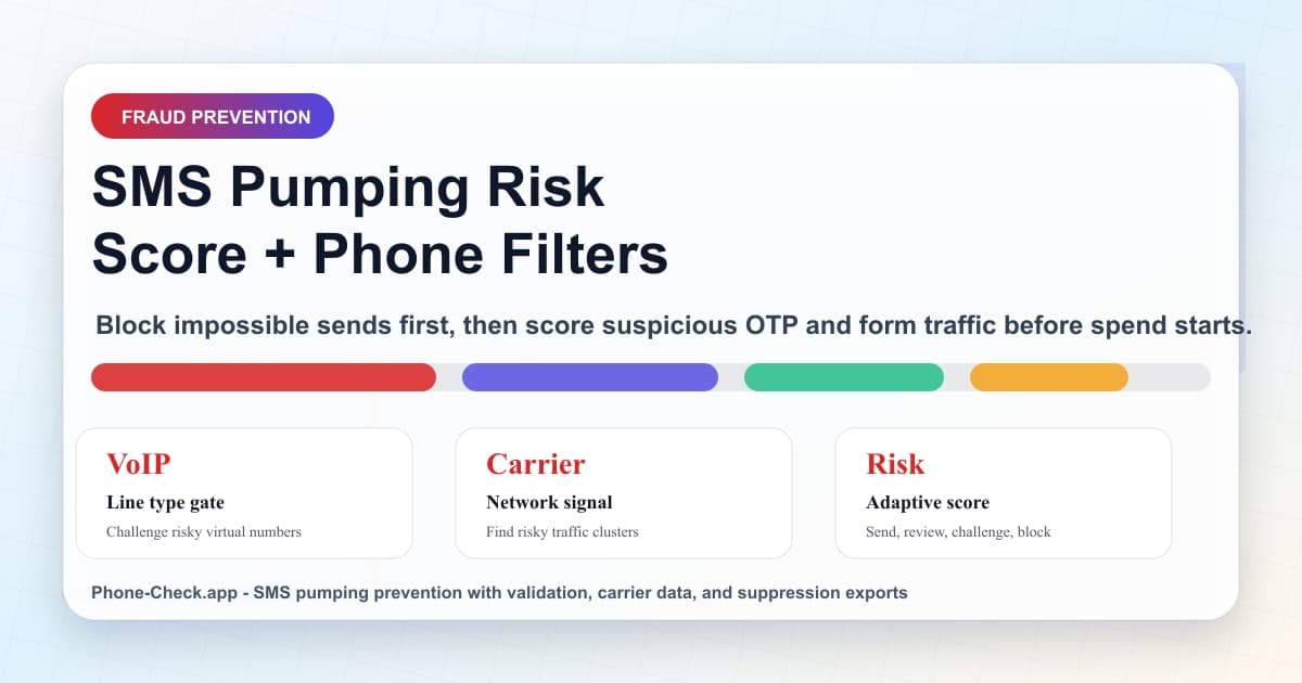 SMS pumping risk score workflow with phone validation filters, VoIP detection, carrier lookup, and suppression exports